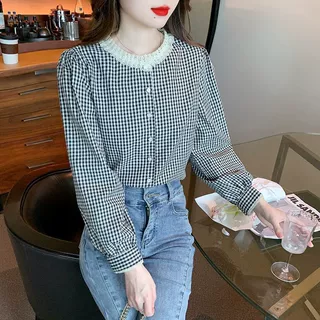春秋荷叶格子衫淑女风洋气复古蕾丝领女士衬衫法式修身文静上衣女