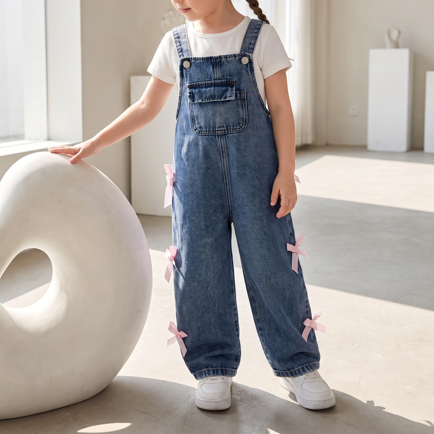 Girls' Denim Overalls 2026 Autumn New Korean Style Sweet Bow Washed Toddler Pants Stylish and Versatile Long Pants