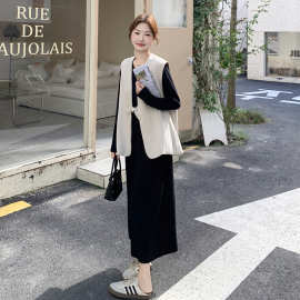 法式高级感V领马甲长袖连衣裙套装女2025秋季气质黑色长裙两件套
