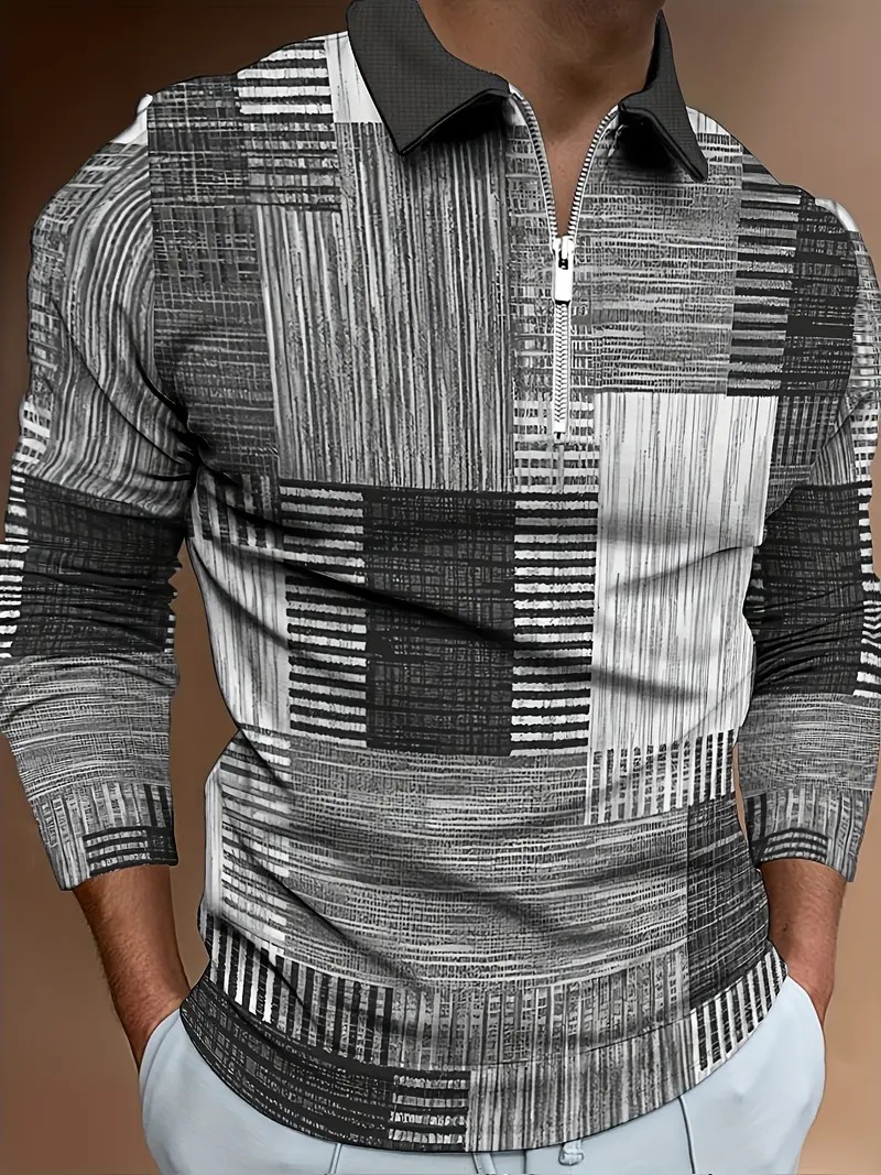 AliExpress transfronterizo línea geométrica de color 3D impresión hombres calle moda suelta cremallera camisa POLO