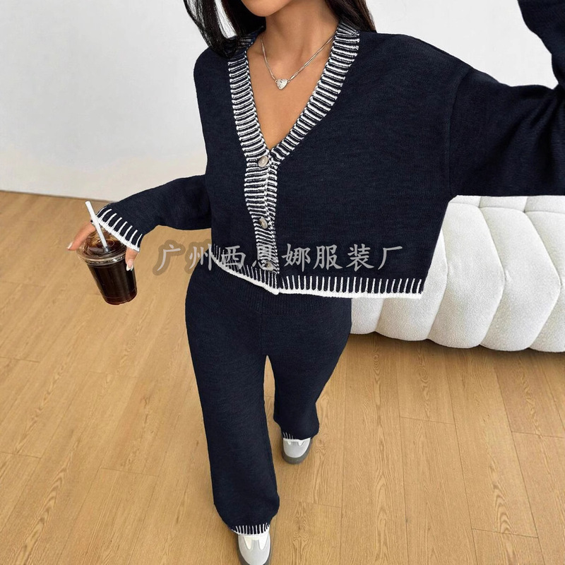 In-Stock European and American Cross-Border 2025 Autumn Women's Striped Drop Shoulder Long-Sleeve Knit Cardigan and Knit Pants Casual Two-Piece Set