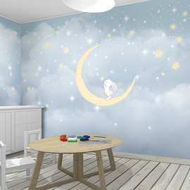 北欧梦幻渐变蓝色星空壁纸儿童房卧室网红餐厅墙纸天花板吊顶墙布