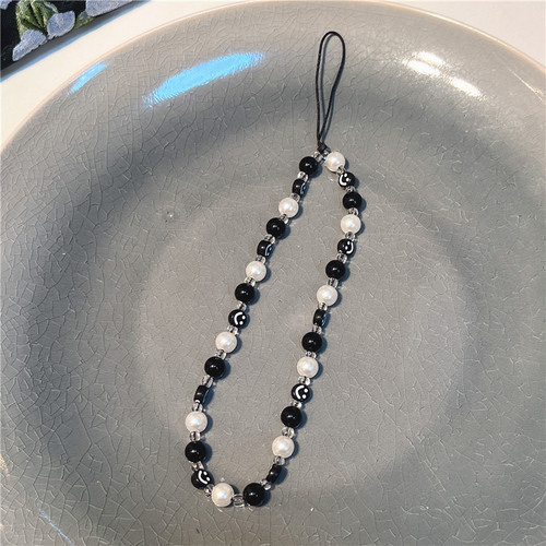 Korean style ins style new black smiley face mobile phone lanyard mobile phone case beaded love smile square mobile phone chain