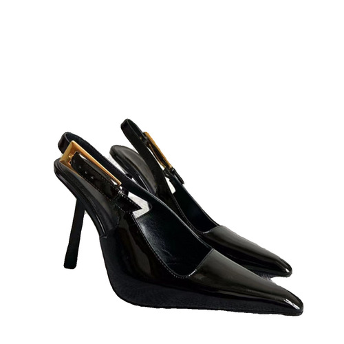 2024 Spring New Baotou Flat Sandals with High Heels, Slim Heel, Pointed Toe, Backless, Open Toe, Polished Leather, Shiny Surface for Women