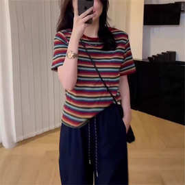 夏装搭配一整套装时尚设计感条纹薄款短袖t恤高腰宽松显瘦九分裤