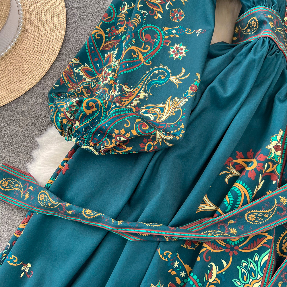 Retro Court Style Lantern Dress Long Sleeved V Neck Belted a Line Printed Elegant Full Skirt for Women_ecoleips.com