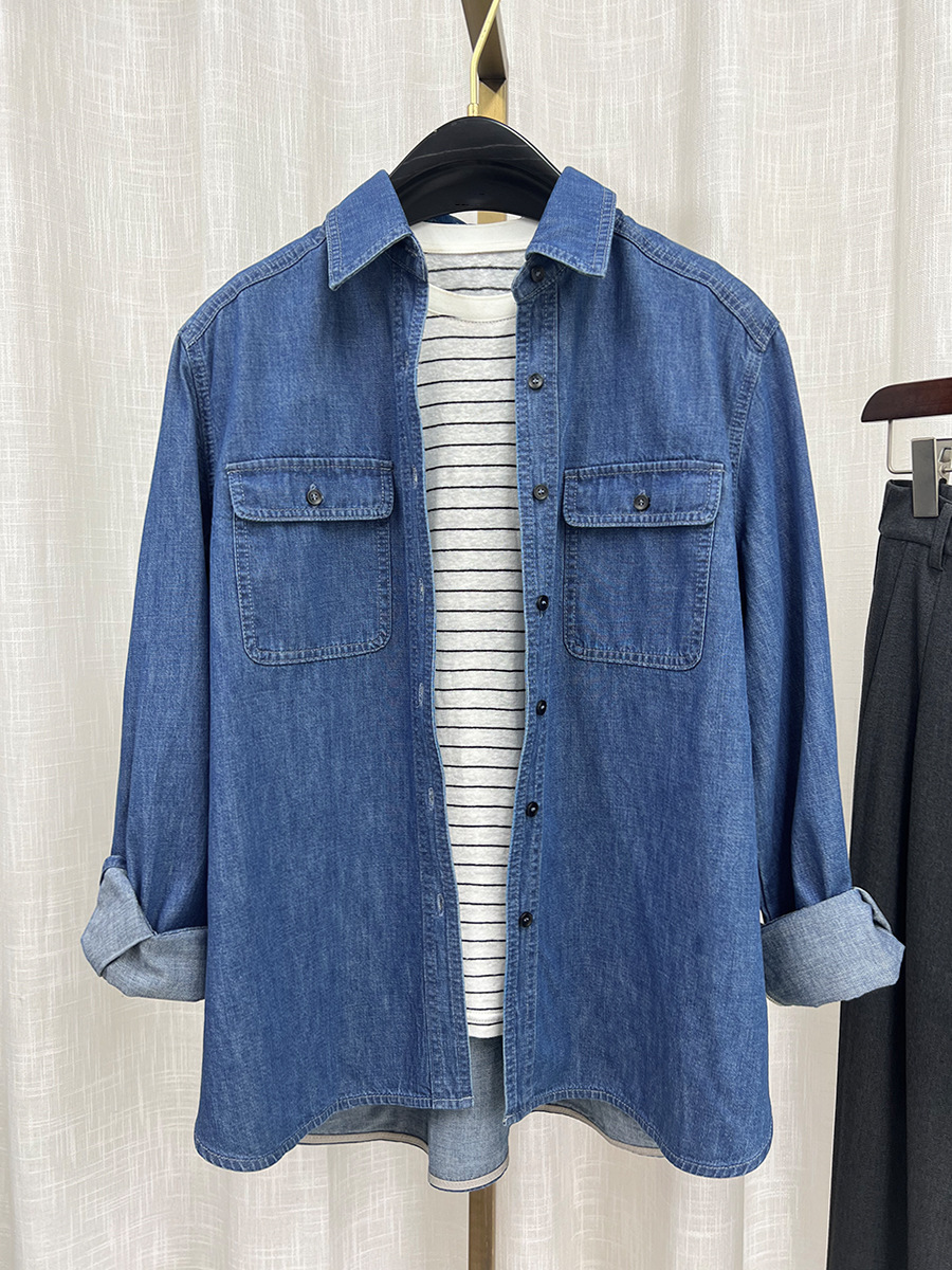 Áo sơ mi denim phong cách Hồng Kông cổ điển dáng rộng, mặc nhiều lớp — màu xanh