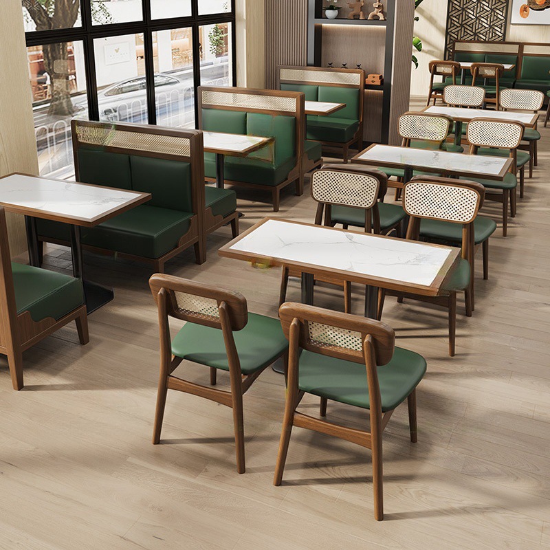 Simple and Trendy Themed Restaurant with Rattan and Solid Wood Tables, Chairs, and Booths, Japanese Noodle Shop Set, Restaurant Dining Furniture