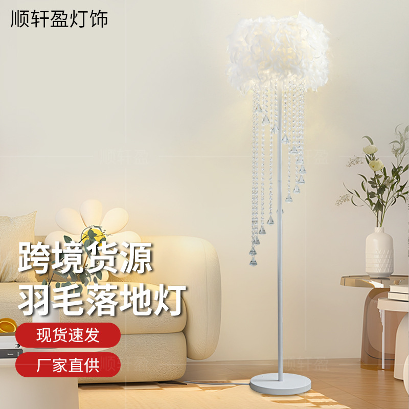 Amazon Internet Celebrity Feather Floor Lamp Atmosphere Living Room Lamp Bedside Table Decoration Vertical Crystal Tassel Floor Lamp