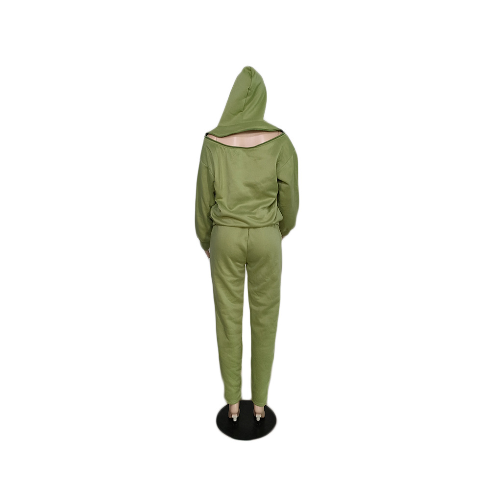 Plus Size Hooded Sweatshirt Set With Back Zipper - Soft Fleece Long Sleeve Pullover & Pants, Olive Green, Urban Casual Outfit For Women_ecoleips.com