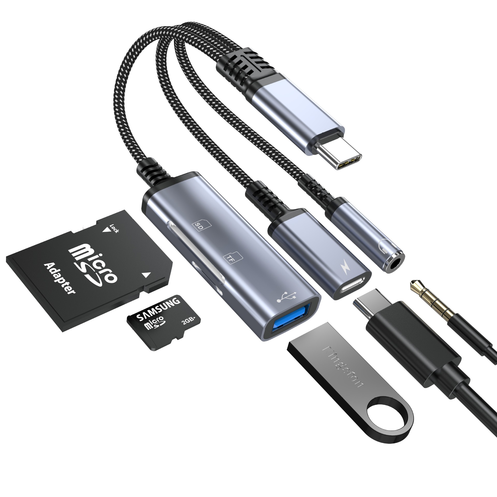 适用苹果华为Typec转USB/TE/SD卡一拖三拓展坞三合一充电转接线