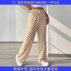 亚马逊跨境欧美休闲裤女士春夏新款格子时尚运动裤直筒长裤子8075