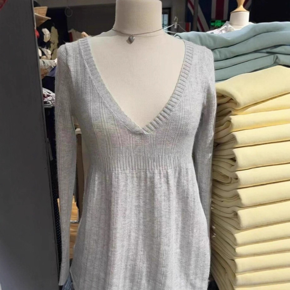 Bm Style Zhao Lusi and Xu Yan's Same Style Japanese Style V Neck Knitwear Women's Gray Bm Long-Sleeved Loose Knitwear Pullover