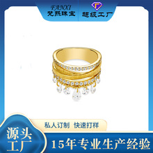 批发S925银镀金色三臂灵动豪镶手工拉丝工艺轻奢流苏设计戒指饰品