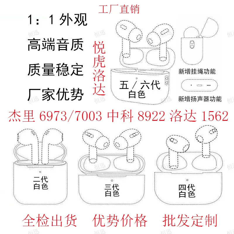 Huaqiangbei 34567 поколение Air Jerry Zhongke Yuehu Pods, совместимы с Apple Pro, Bluetooth наушник, кроссбор