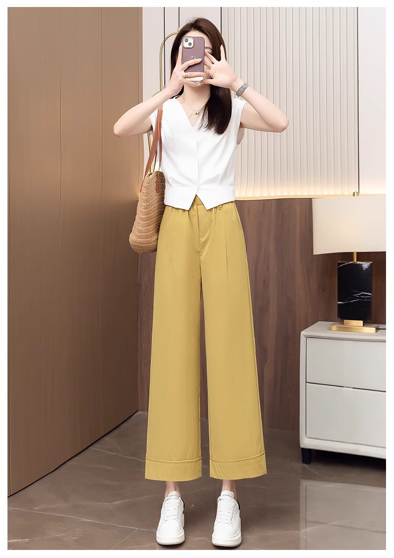 Quần ống rộng nữ cạp cao dáng suông, kiểu hoa bào eo, phong cách thời trang mới — Màu trà sữa chi tiết 30