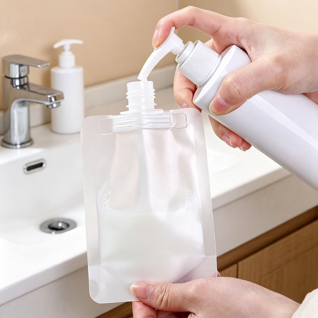 Bolsas de viaje rellenables, bolsas de cosméticos portátiles con boquillas de succión, limpiador facial, gel de ducha, loción, bolsas selladas al por mayor.