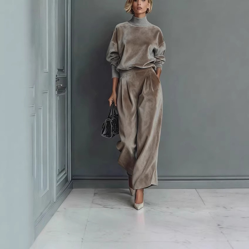 European and American Autumn and Winter Women's Fashion Casual Warm Sports Suit Velvet Long-Sleeve Solid Color High-Neck Zipper Wide-Leg Pants European and American Autumn and Winter Women's Fashion Casual Warm Sports Suit Velvet Long-Sleeve Solid Color High-Neck Zipper Wide-Leg Pants