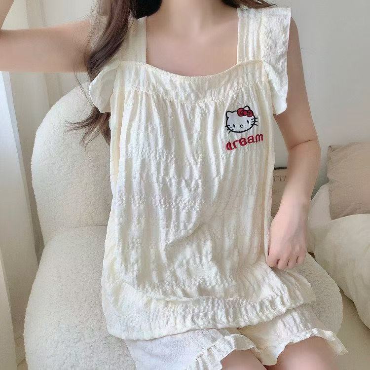 Korean Simple Cloud Cotton Belt Breast Pad Pure Color Cartoon Kitten Airplane Sleeve Suspender Shorts Home Wear Set