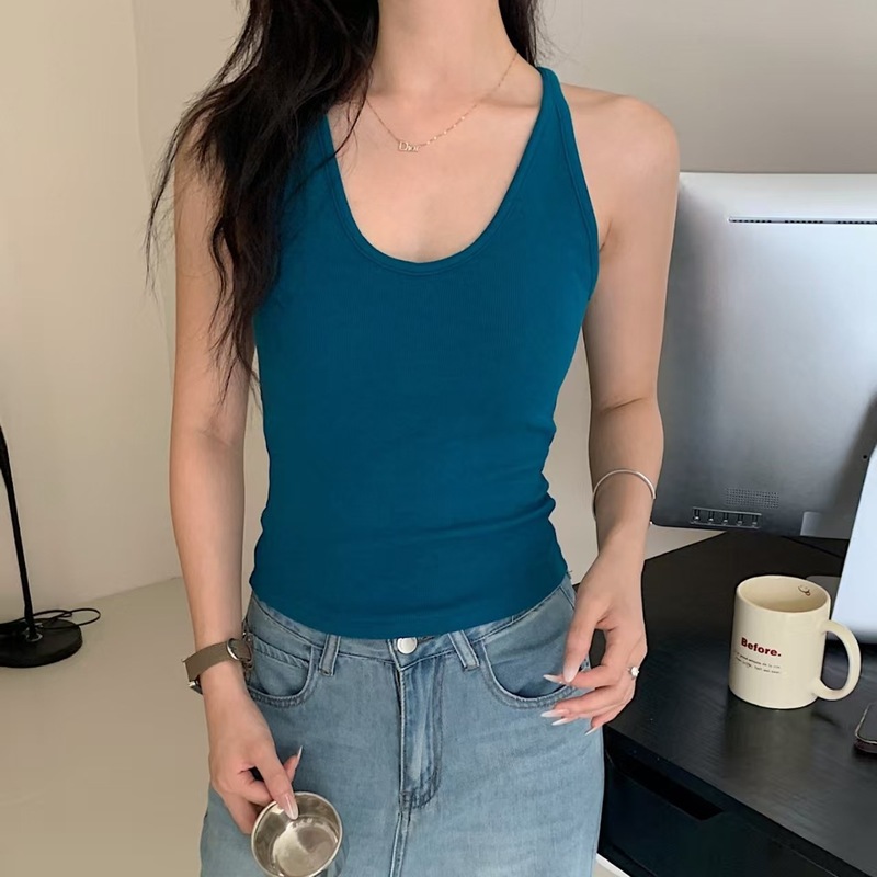 暖小艾588法式挂脖新款辣妹背心女带胸垫纯欲撞色显瘦外穿内搭|undefined