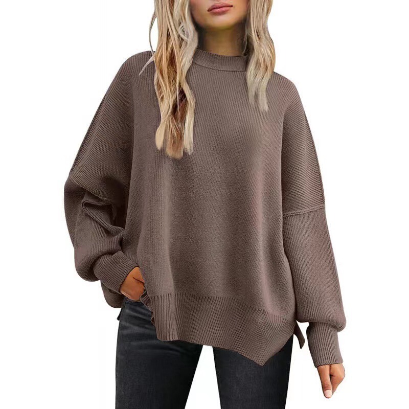 European and American women's round neck batwing long-sleeved sweater 2023 Amazon autumn knitted side slit pullover