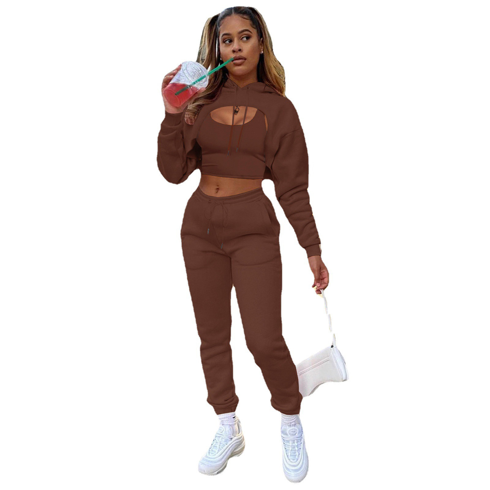 2023 European and American women's fleece-lined in autumn and winter drawstring solid color hooded cape sweater long sleeve trousers vest three-piece suit