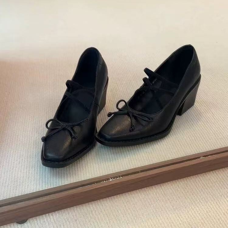 Chunky Heel Women's Shoes 2026 New Retro Ballet Square Toe Shallow Mouth French Style Elegant Brown High Heel Mary Jane Shoes