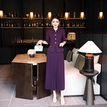 欧美风女装2025年秋季新款复古翻领修身显瘦中袖百褶款优雅连衣裙