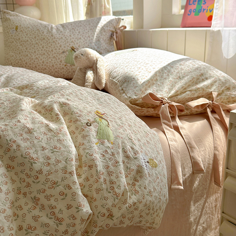 Cotton and Linen Small Fresh Cartoon Four-Piece Set with Bow Tie Style Girl's Printed Quilt Cover and Three-Piece Bed Sheet Set