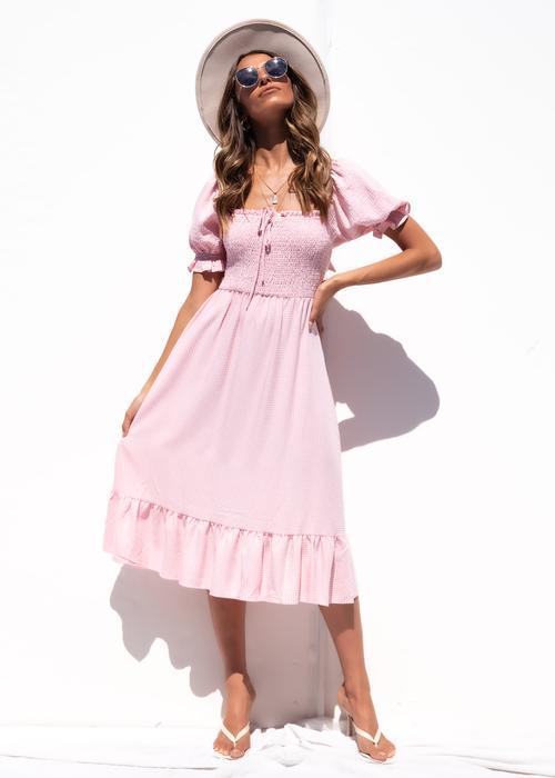 Elastic Lace-Up Square Collar Ruffle Short Sleeve Plaid Dress NSJRM113907