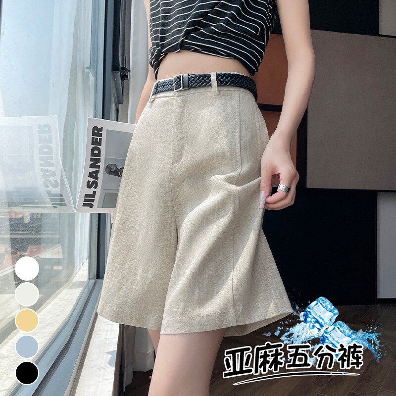 Japanese Retro Linen Suit Shorts for Women, Summer New Thin Casual Knee-Length Straight Cotton-Linen Wide-Leg Shorts