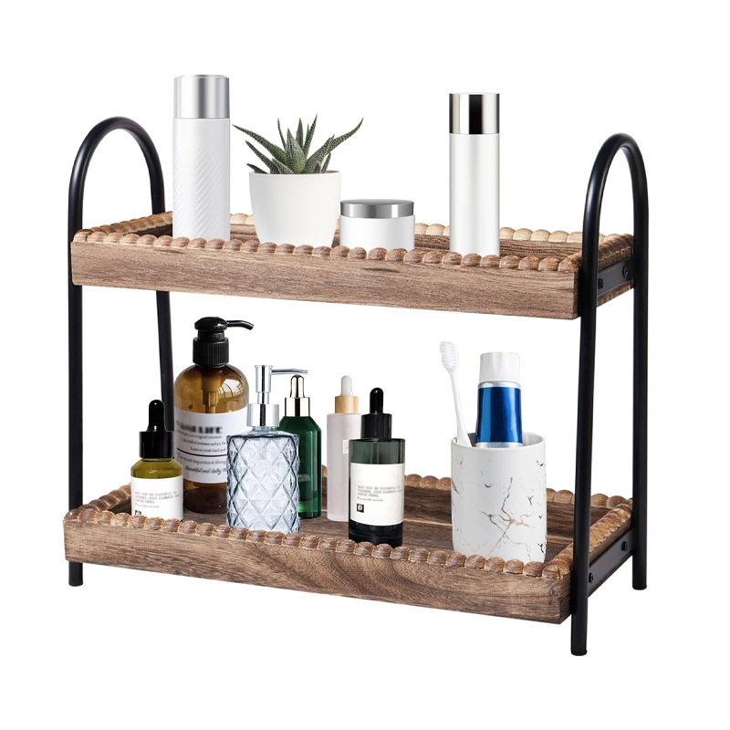 Retro Distressed Wood Grain Double-Layer Storage Rack for Bathroom Countertop, Cosmetics, and Aromatherapy Organizer