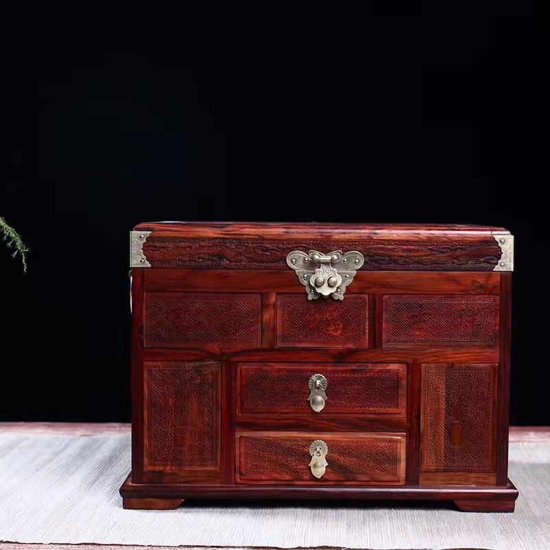 大红酸枝首饰盒收纳盒带锁实木质多层复古饰品梳妆盒结婚庆礼品盒