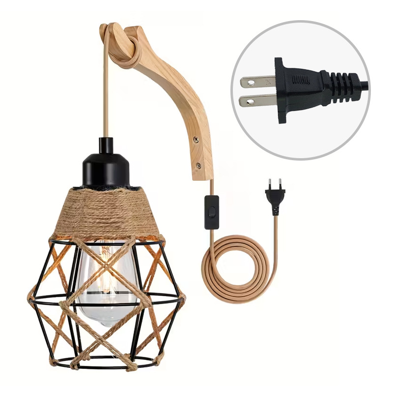 Lámpara de pared enchufable estilo americano rústico madera sólida lámpara de pared de cuerda de cáñamo industrial lámpara de pared de cuerda de cáñamo transfronteriza lámpara de pared de comercio electrónico