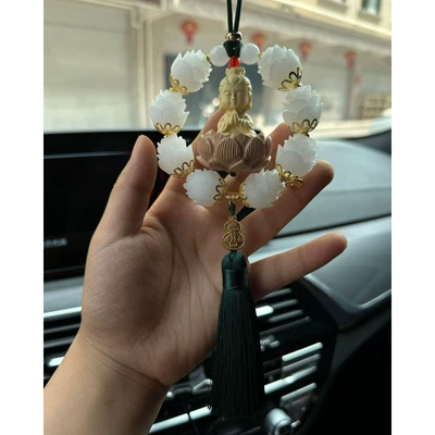 Ornament Boxwood Rear Pendant — Car hanging - single-circle-golden-gourd-guanyin-dark-green