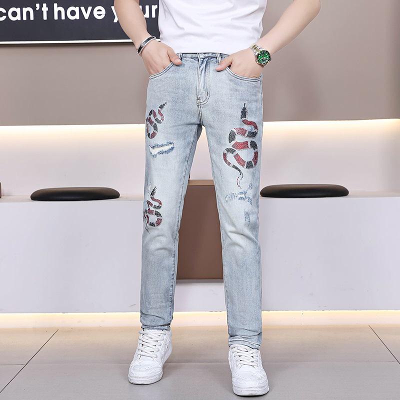 Hong Kong High-End Summer Light Blue Jeans Men's Slim Fit Casual Versatile European Fashion Brand Long Pants