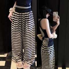 藏青条纹休闲运动裤子女2025秋季新品高腰宽松显瘦垂感阔腿裤ins