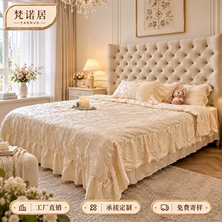 法式复古真皮床奶油风主卧室1米8床轻奢婚床别墅拉扣实木双人大床