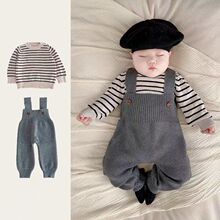 婴儿连体衣春秋款针织背带裤男女宝衣服洋气打底衫新生儿上衣套装