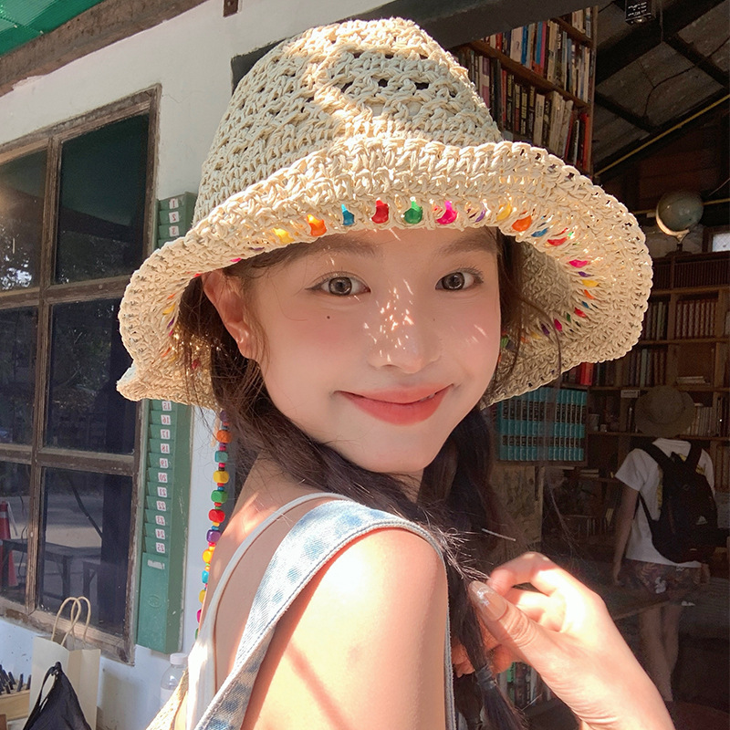 新款泫雅风彩珠渔夫帽夏季海边草帽女大帽檐遮阳防晒帽可折叠帽子|undefined