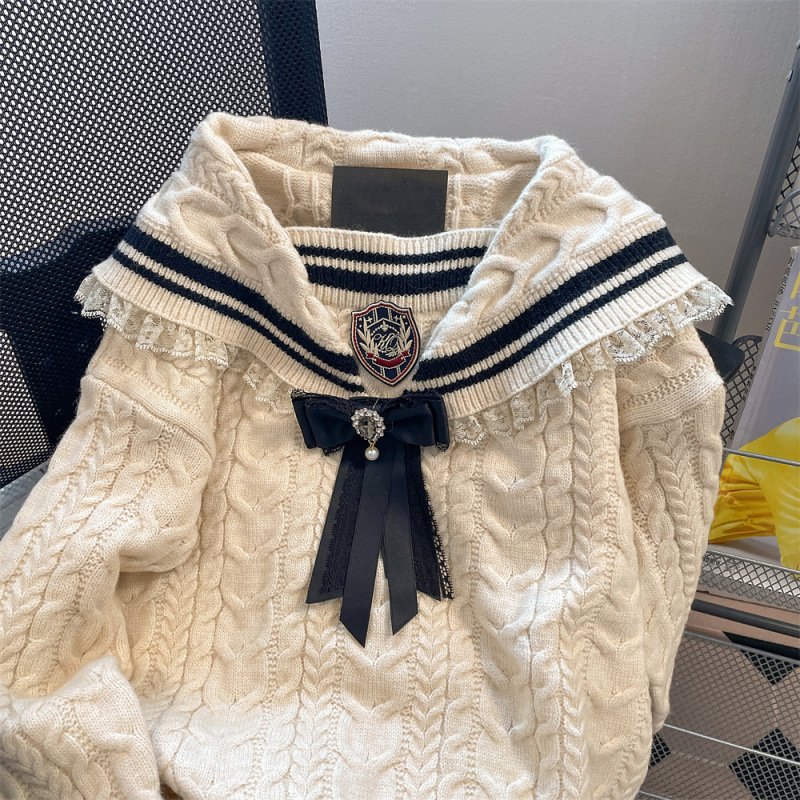 2024 프랑스 아카데미 스타일 해군 칼라 활 트위스트 스웨터 여성 모리 레트로 젠틀 스웨터 코트 CS