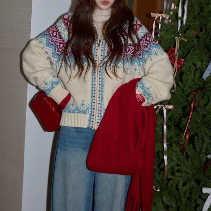 Naoshaojia 1 Christmas Outfit Fair Isle Sweater Jacket Winter Thick Warm Sweater Casual Knitted Cardigan