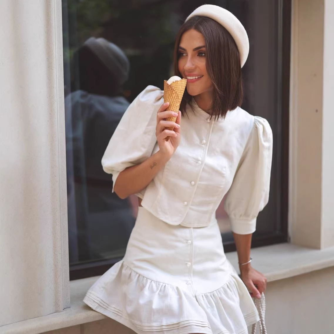 2026 Summer New European And American Women's Fashion Solid Color Short-Sleeve Cotton Top Set With Casual Short Skirt_ecoleips.com