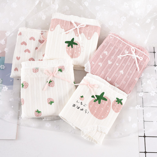 Pure cotton low-waist girls' underwear women's strawberry cute cotton fabric lace student girls' briefs pantyhose