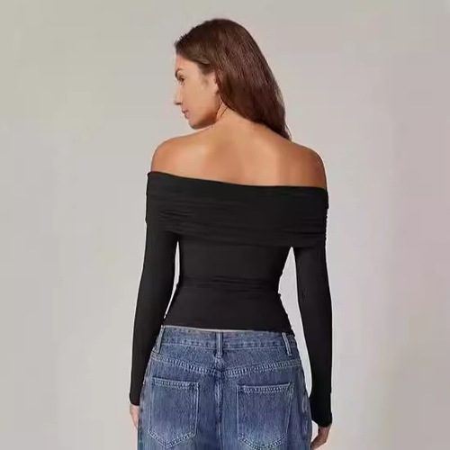 Cross-border European and American women's clothing top women's t-shirt one-shoulder pure desire style long-sleeved milk silk base shirt for women with a sense of elegance