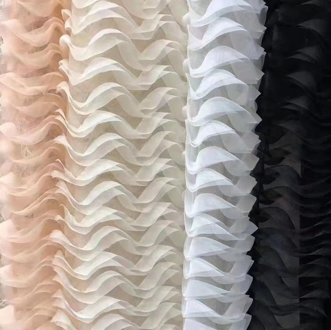 新款~流行款慵懒风密45A网纱密条波浪立体雪纺盘带钩花上衣等面料