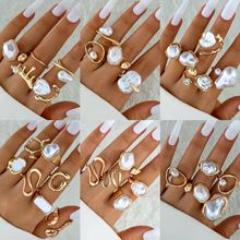 欧美跨境时尚简约合金不规则珍珠戒指 复古叠戴几何戒指套装