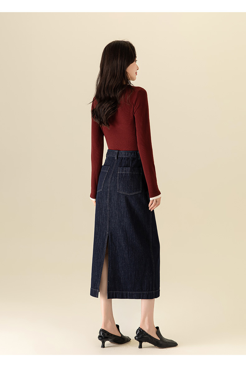 Chân váy jean nữ dài cạp cao co giãn dáng chữ A — Màu xanh denim chi tiết 28