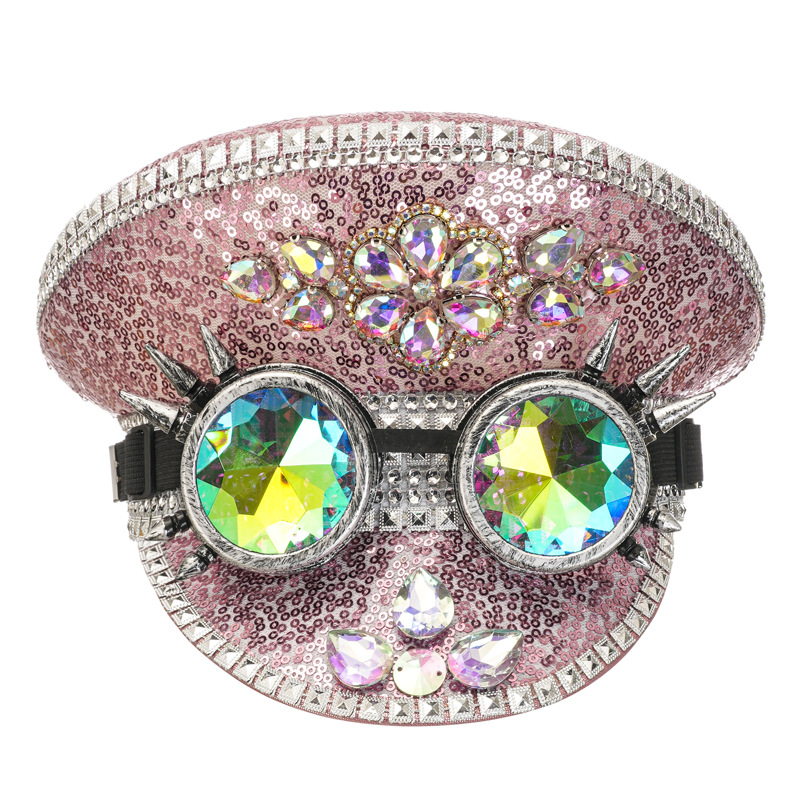 Gorra de lentejuelas con remaches y pedrería acrílica, estilo festival, ideal para eventos de música o fiestas