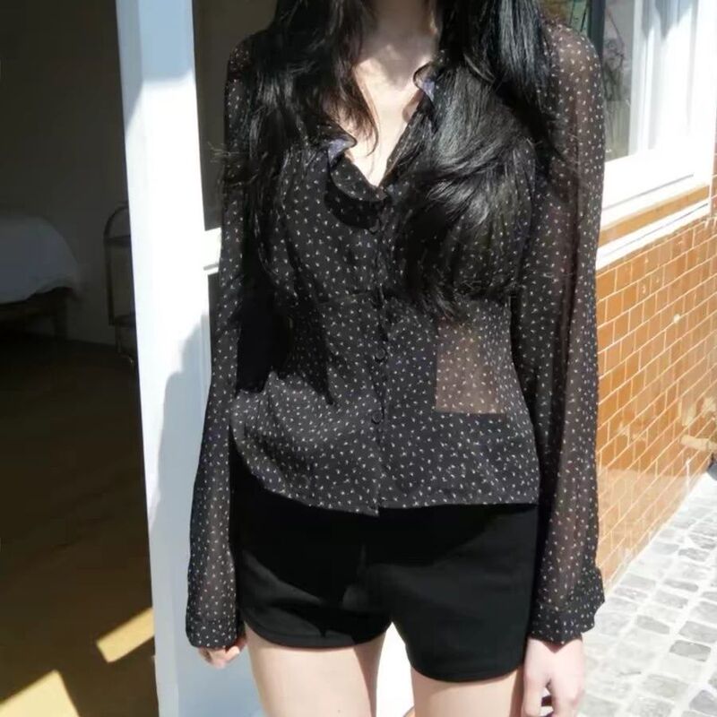 Korean Style Retro Irregular Floral Chiffon V-Neck Lace Shirt for Women Spring & Fall Slim Fit Versatile Long-Sleeved Sun Protection Top Korean Style Retro Irregular Floral Chiffon V-Neck Lace Shirt for Women Spring & Fall Slim Fit Versatile Long-Sleeved Sun Protection Top